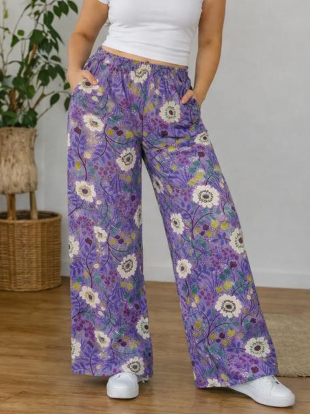 Gudrun Sjoden Purple Floral Wide-Leg Linen Mix Pants size medium